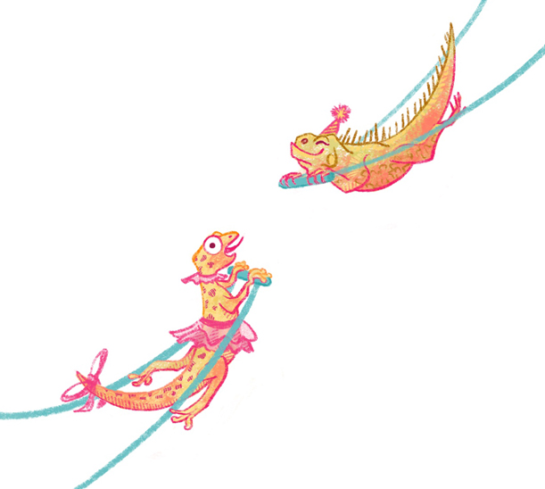 Unlikely Circus Lizard Trapeze Illustration